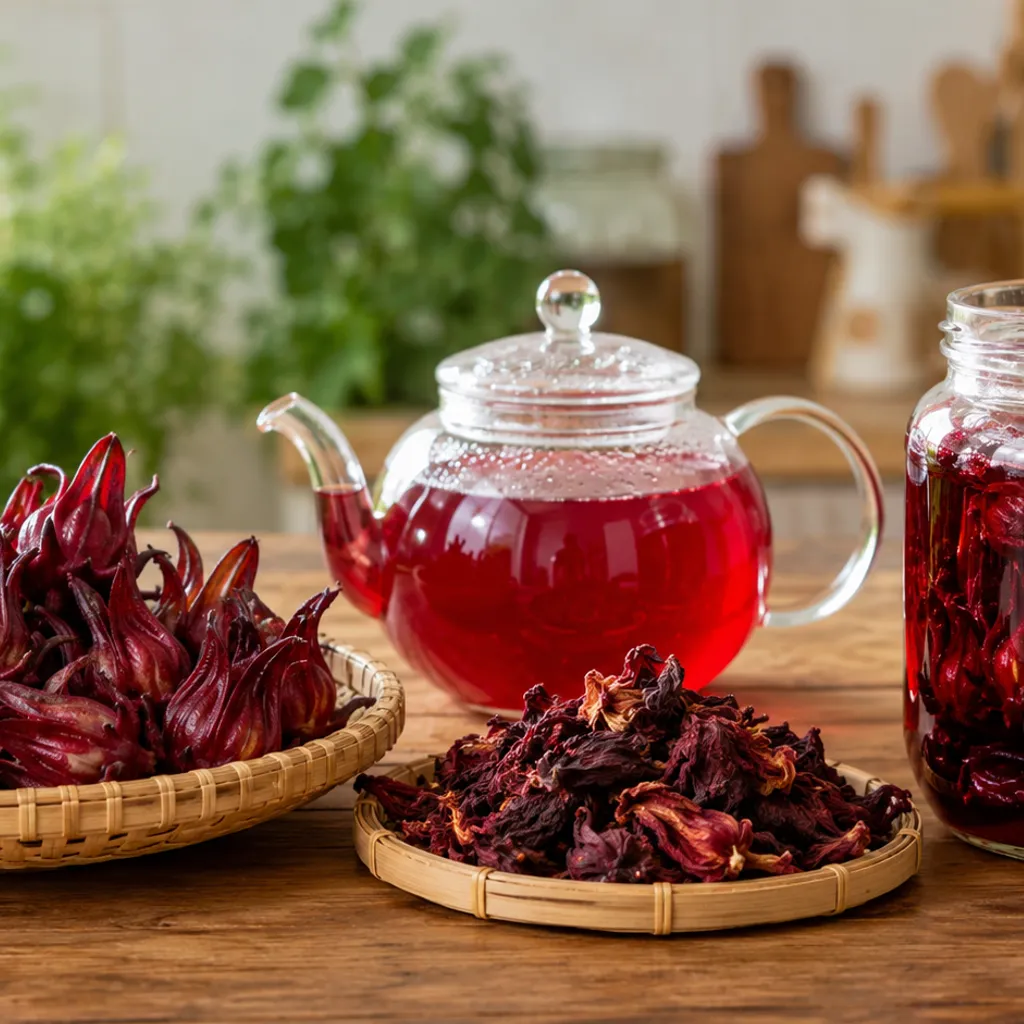 A photorealistic horizontal comparison of three forms of roselle on a Vietnamese kitchen table, fresh red roselle calyce