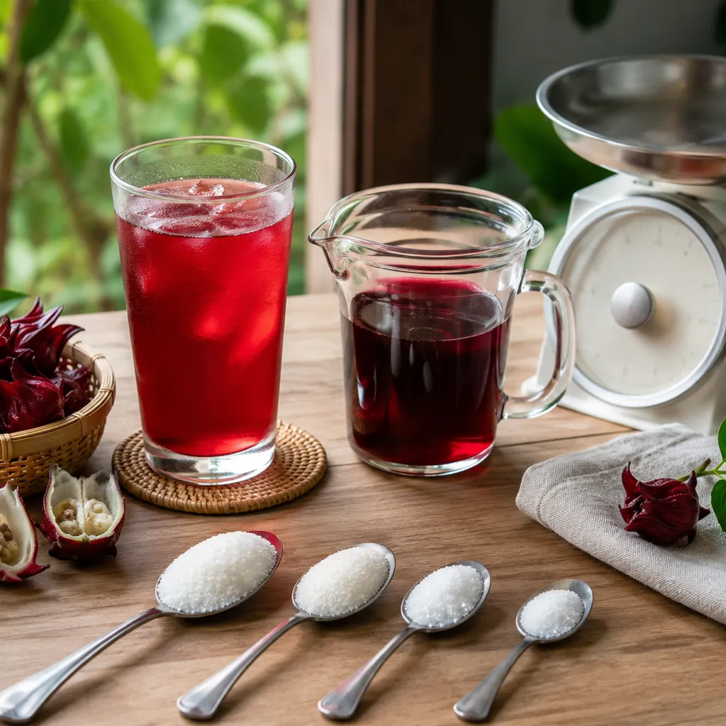 A photorealistic horizontal food nutrition scene showing a measured glass of ruby-red roselle drink, a transparent measu