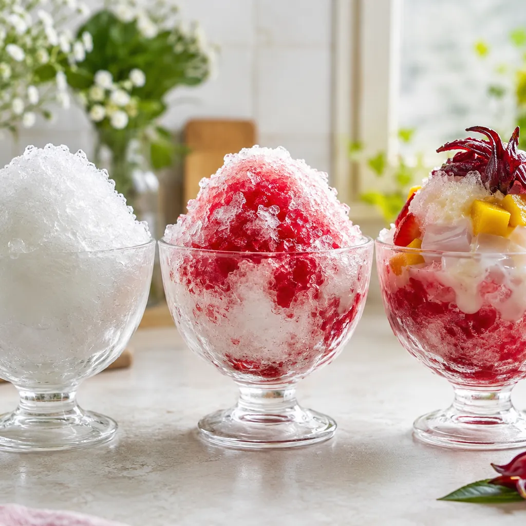 A photorealistic horizontal food styling photograph showing three stages of assembling Vietnamese roselle syrup shaved i