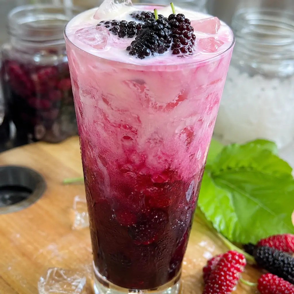 Dâu tằm Yakult sau khi pha có màu tím hồng và vị chua ngọt