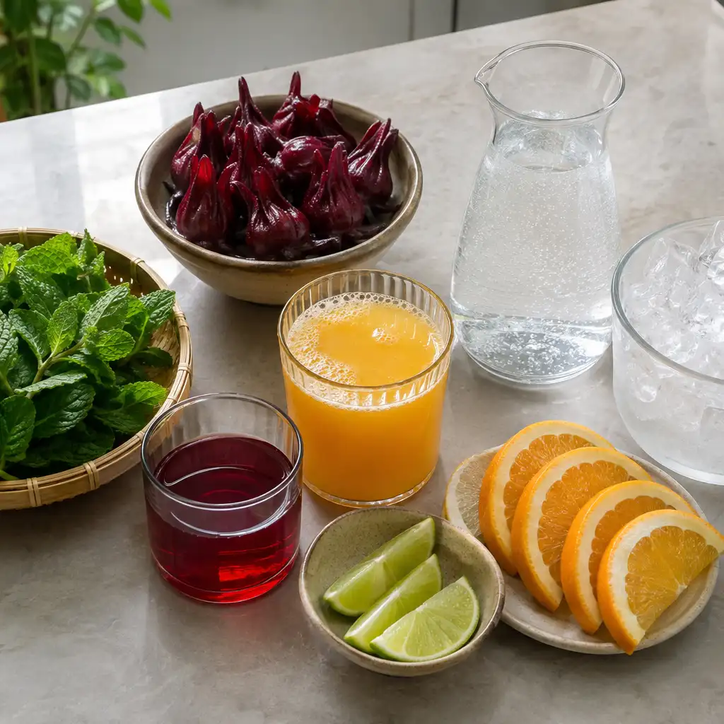 Cách làm mocktail atiso đỏ không cồn đơn giản cho tiệc tại nhà 2 Nguyên liệu pha mocktail atiso đỏ gồm siro, trái cây và soda