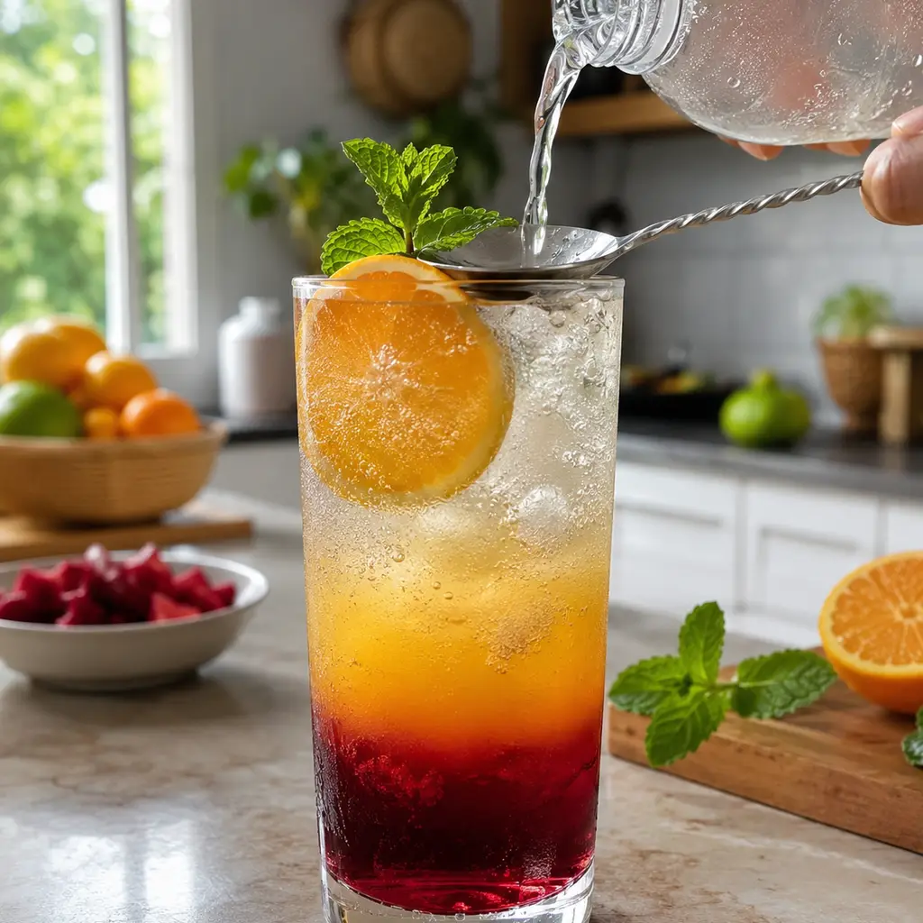 Cách làm mocktail atiso đỏ không cồn đơn giản cho tiệc tại nhà 3 Cách tạo tầng màu mocktail atiso đỏ bằng siro và soda