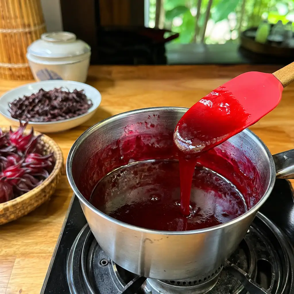 Cách làm sốt atiso đỏ sánh mịn để rưới bánh và món tráng miệng 2 Cô sốt atiso đỏ trên lửa nhỏ đến khi bắt đầu sánh