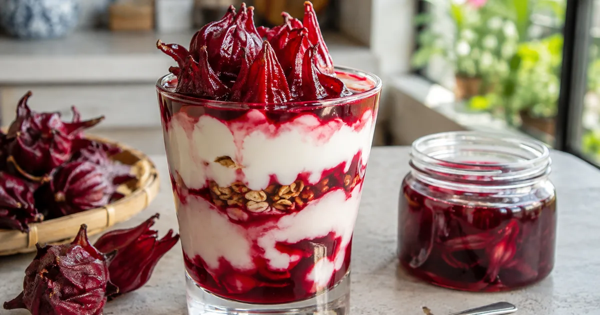 A photorealistic Vietnamese dessert scene featuring a clear glass cup of yogurt layered with ruby-red roselle syrup and