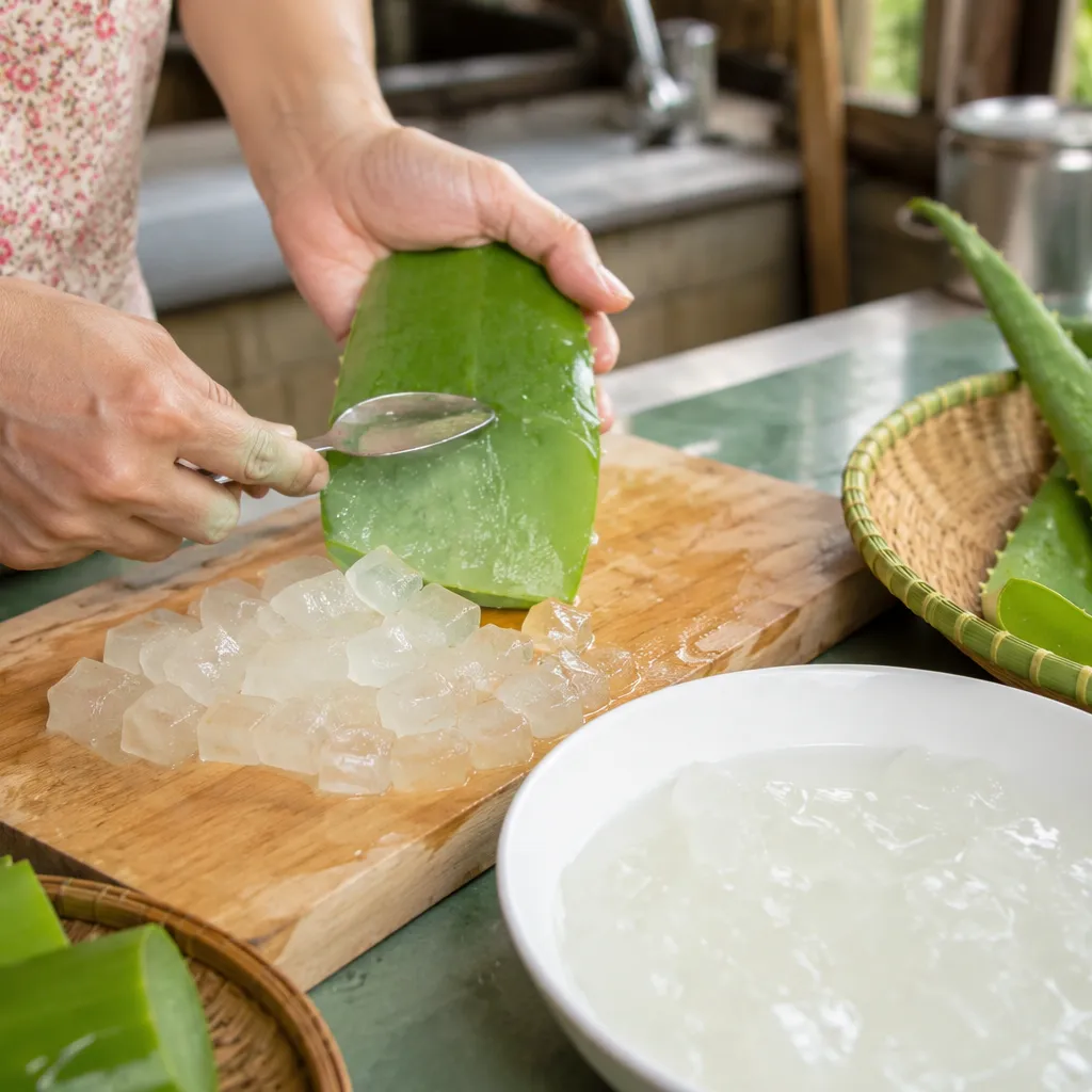 Cách Pha Dâu Tằm Nha Đam Giòn Mát, Thêm Topping Có Trái 2 Sơ chế nha đam sạch nhớt trước khi pha nước dâu tằm
