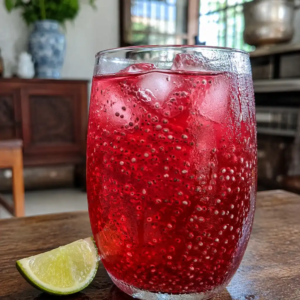 Cách pha nước atiso đỏ hạt chia ít đường, dễ uống hằng ngày 3 Ly atiso đỏ hạt chia ít đường sau khi hạt chia nở đều