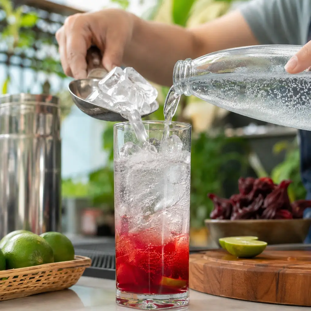 Thứ tự pha soda atiso đỏ với chanh tươi hạn chế trào bọt