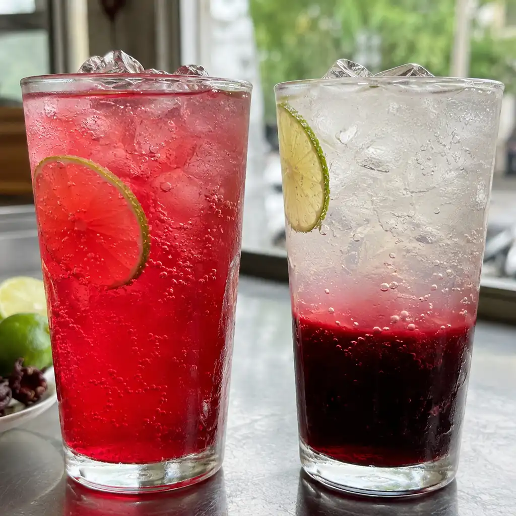Soda atiso đỏ pha đều và ly bị siro tách lớp dưới đáy