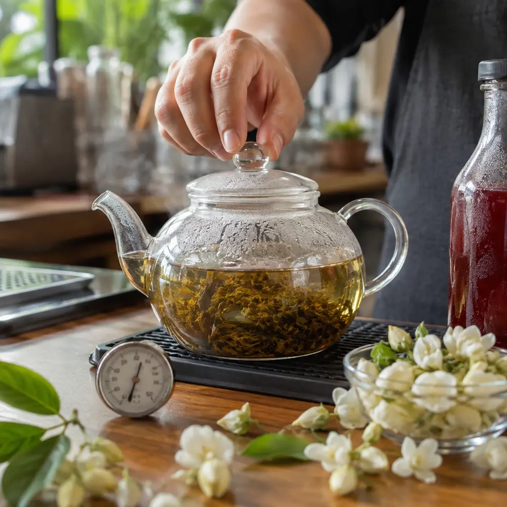 Cách pha trà lài atiso đỏ thơm dịu, chua ngọt cân bằng 2 Ủ trà lài đúng nhiệt độ trước khi pha cùng siro atiso đỏ