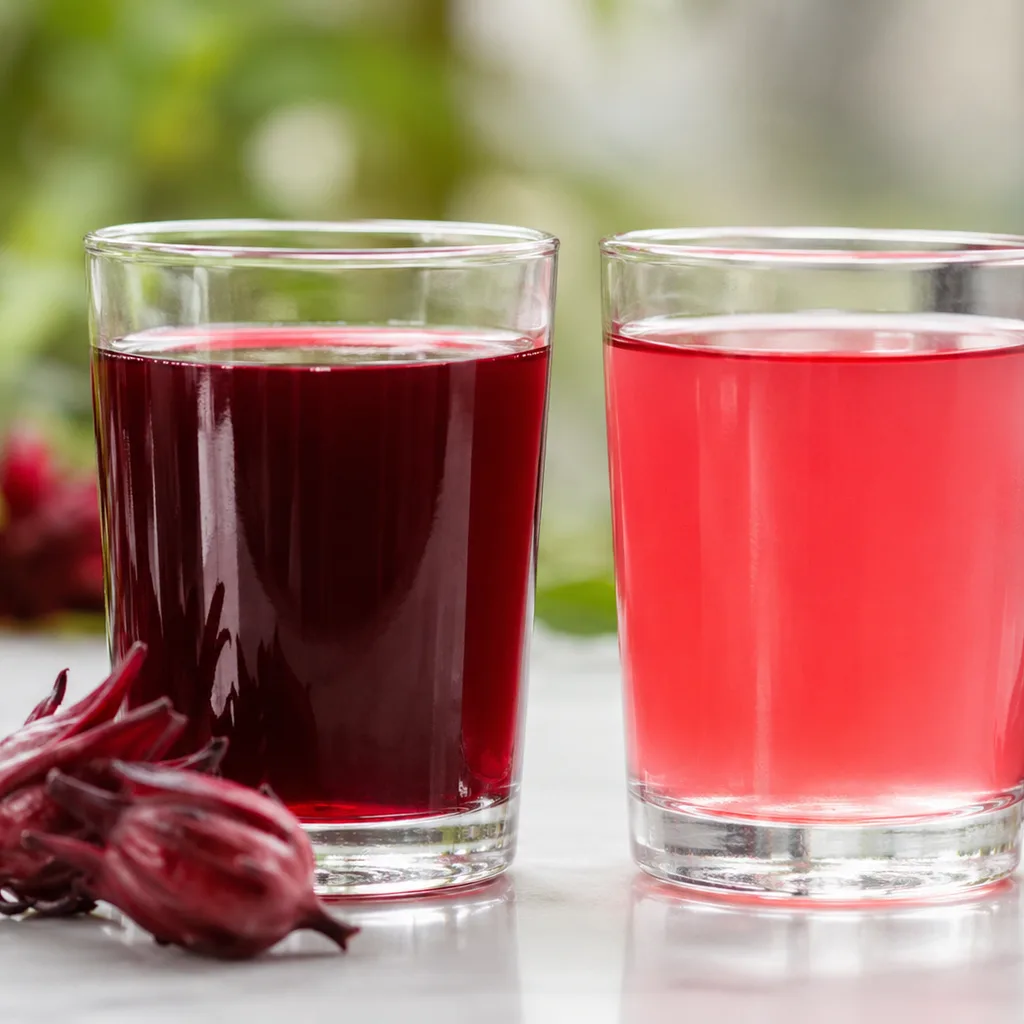 A photorealistic close-up comparison of concentrated ruby-red roselle syrup and the same syrup diluted with water in two