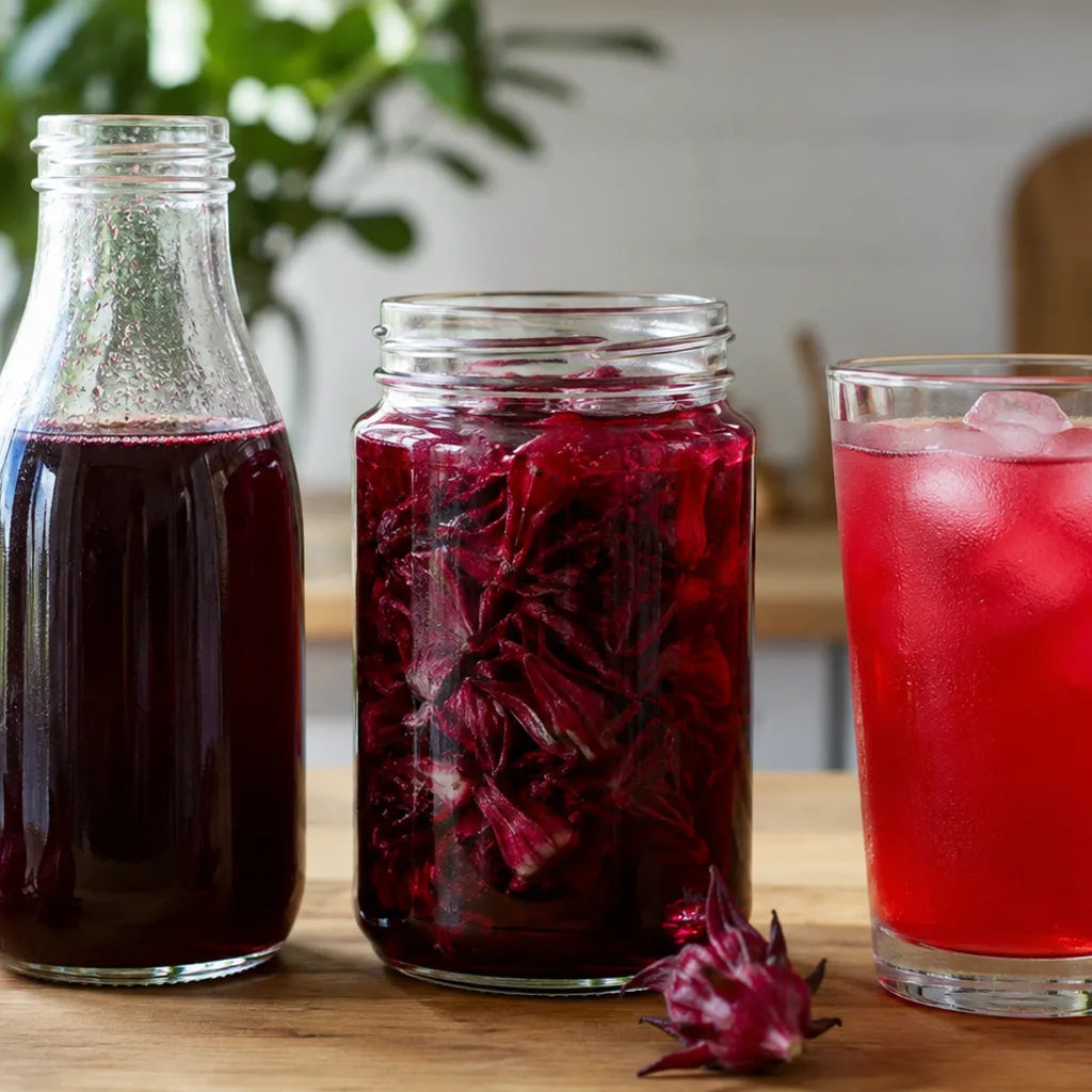 A photorealistic horizontal food photography scene comparing three roselle products in transparent containers, concentra