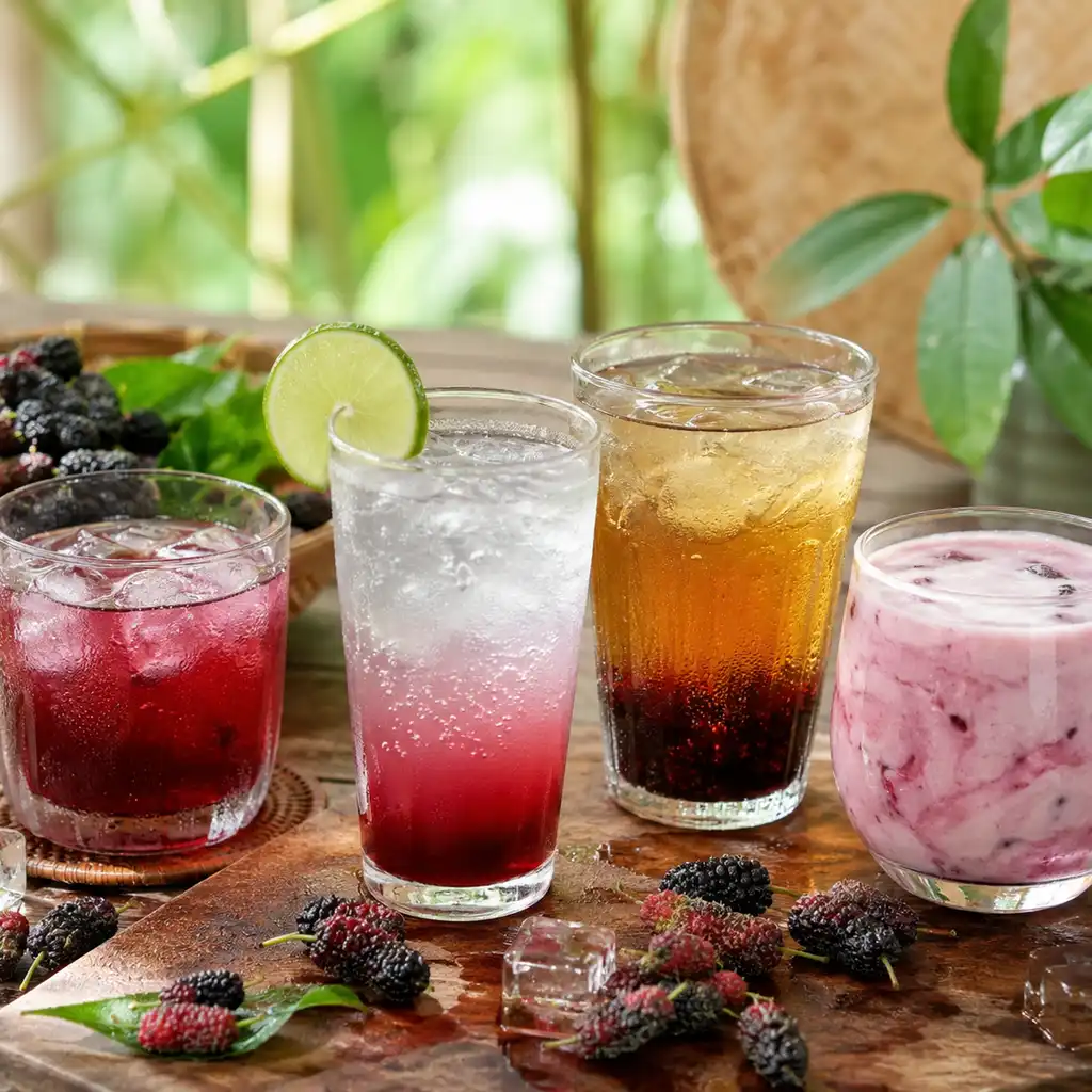Siro dâu tằm đổi sắc khi pha chanh, soda và trà